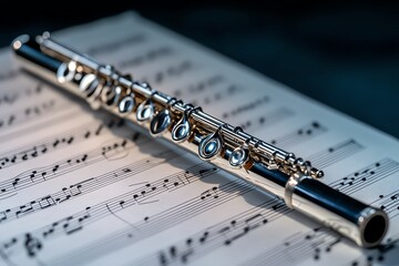 Flute lying on a sheet of music, its silver body gleaming under the light, with the detailed notes of a classical composition behind it