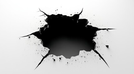 Cracked hole in white surface with shattered