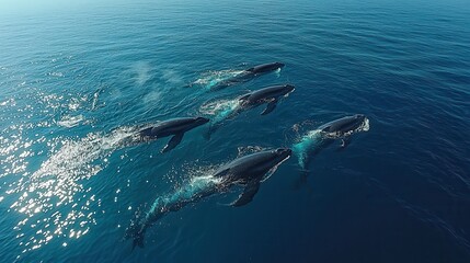 Group of Whales Swimming in Clear Blue Ocean Waters