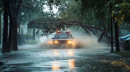 Fototapeta premium A powerful hurricane making landfall, strong winds uprooting trees and heavy rain flooding streets