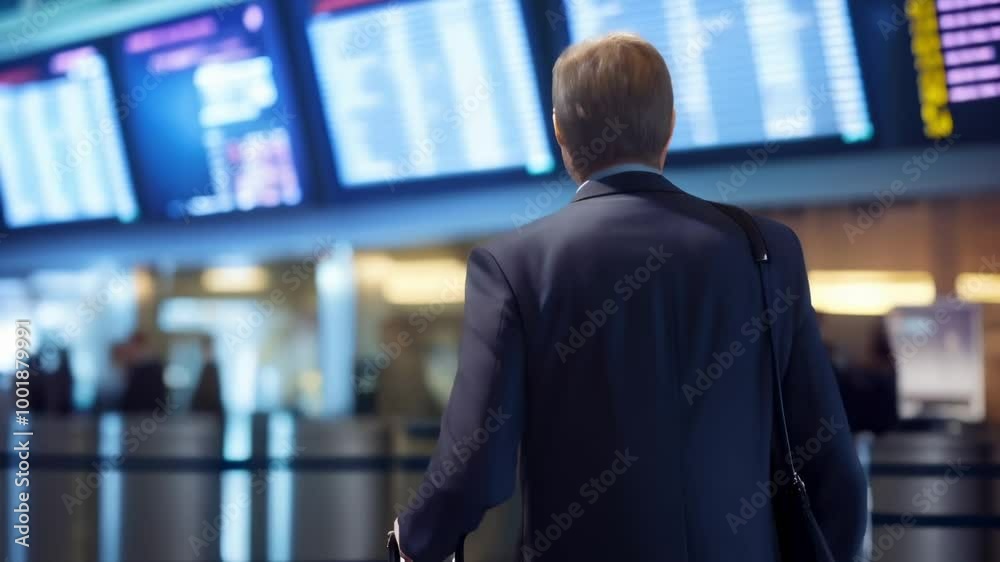 Aufkleber businessman is walking through a busy airport terminal while checking the departure time on the airp