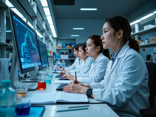 Dedicated scientists work intently at computers in a high-tech laboratory, surrounded by scientific equipment and data, representing innovation and groundbreaking research.