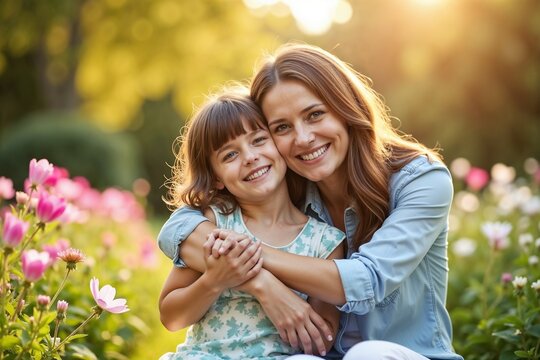 A mother and daughter are pictured with smiles, surrounded by blooming flowers in a bright garden, symbolizing love, joy, and appreciation for nature's beauty.