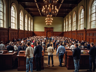A large group of people in formal attire gathered in a grand, elegant hall with wooden paneling and chandeliers, attentively listening to a presentation or speech.
