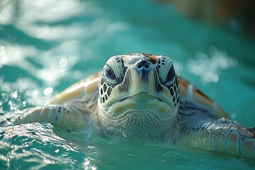 Fototapeta premium Close-Up of a Turtle Swimming in Turquoise Water