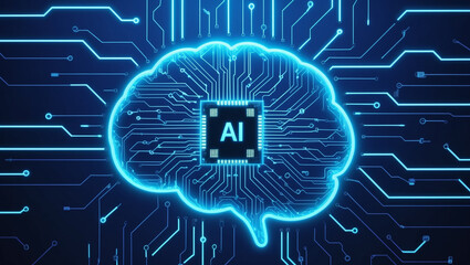 Fototapeta premium AI 3D background with a glowing neural network brain formed by circuitry lines and a central microchip, creating a futuristic and high-tech visual design.