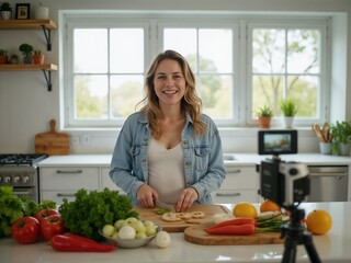 Smiling woman prepares food and films a cooking video in her home kitchen, filled with fresh ingredients, promoting culinary skills and digital content creation.