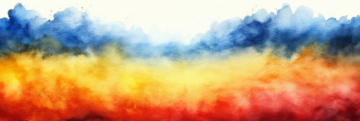 Abstract watercolor background with blue, yellow, orange, and red shades.