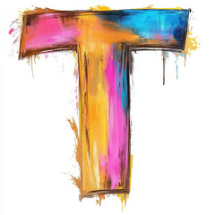 Splattered pastel paint letter T, graffiti style, with a white background