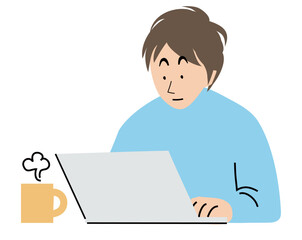 ラップトップパソコンを操作している若い男性の上半身、ベクターイラスト