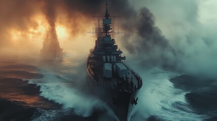 A majestic warship sails across the water against a backdrop of black mist