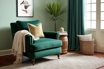 Cozy Green Armchair with Soft Throw Blanket and Decorative Pillow for a Comfortable Living Room Decor