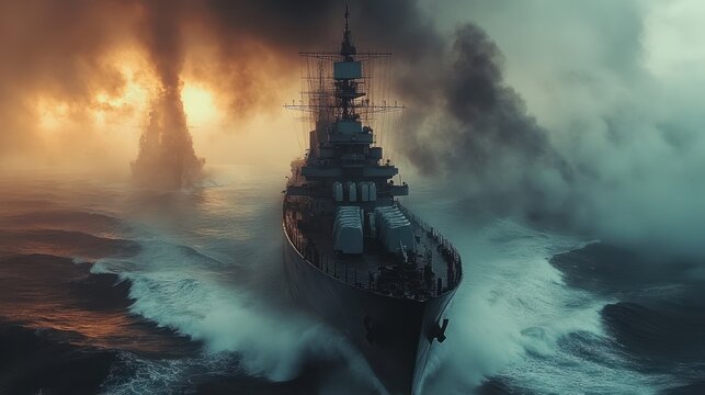 A majestic warship sails across the water against a backdrop of black mist