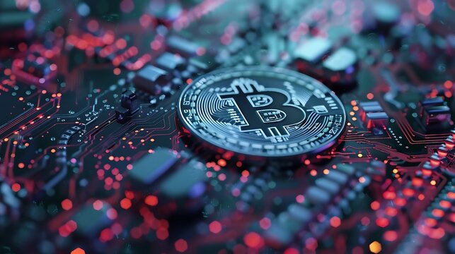 Close-up shot of a Bitcoin coin resting on a circuit board, illuminated by red and blue lights, symbolizing the digital nature of cryptocurrency.