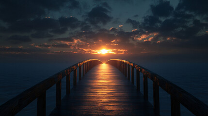 Obraz premium Show a long, winding road or a bridge leading toward a distant horizon, symbolizing the journey toward a visionary future. The path could be illuminated or glowing, indicating guidance and direction.
