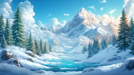 A snowy mountain range with a frozen lake in the foreground.