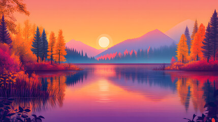 Obraz premium Vibrant Autumn Sunset Over Calm Lake
