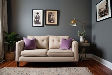 Cozy Apartment Living Area Featuring Beige Loveseat with Lavender Cushions and Vintage Photography on Grey Wall