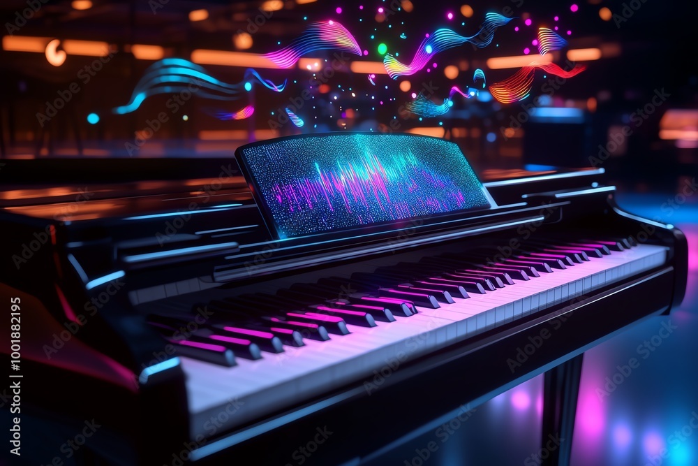 Poster futuristic digital piano, with holographic keys that light up when played, creating colorful soundwa