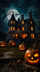 Fototapeta premium Spooky Halloween Scene with Creepy Pumpkins, Haunted Mansion, and Full Moon, Perfect for Horror-Themed Backgrounds, Scary Events, or Halloween Party Invitations