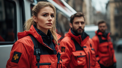Obraz premium Emergency responders prepare for action outside ambulance, showcasing teamwork and readiness. Their focused expressions reflect urgency of their mission