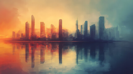 Obraz premium A cityscape painted in cool and warm colors, reflecting in water with a hazy sky. Visual Poetry. Illustration