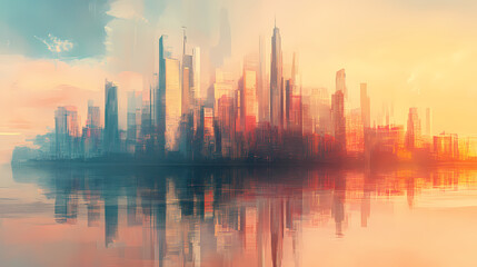 Fototapeta premium A cityscape painted in cool and warm colors, reflecting in water with a hazy sky. Visual Poetry. Illustration