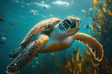 Fototapeta premium Majestic Sea Turtle Gliding Through Underwater Forest