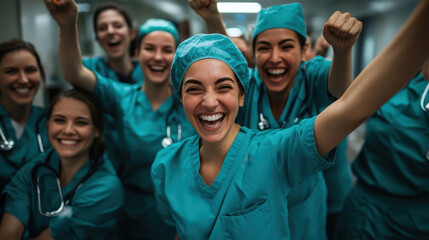Celebrating successful surgery, group of joyful medical professionals express their excitement and camaraderie in hospital corridor. Their smiles and enthusiasm reflect teamwork and dedication in