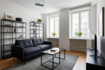 Fototapeta premium Modern Open-Concept Studio Featuring Charcoal Black Sofa Versatile Shelving Unit and Bright Window Design
