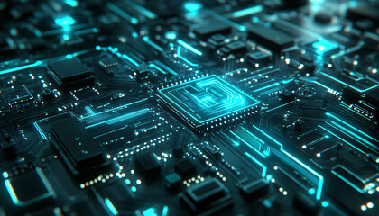 Fototapeta premium A close-up of a futuristic circuit board with glowing lines and components, evoking high-tech and digital precision