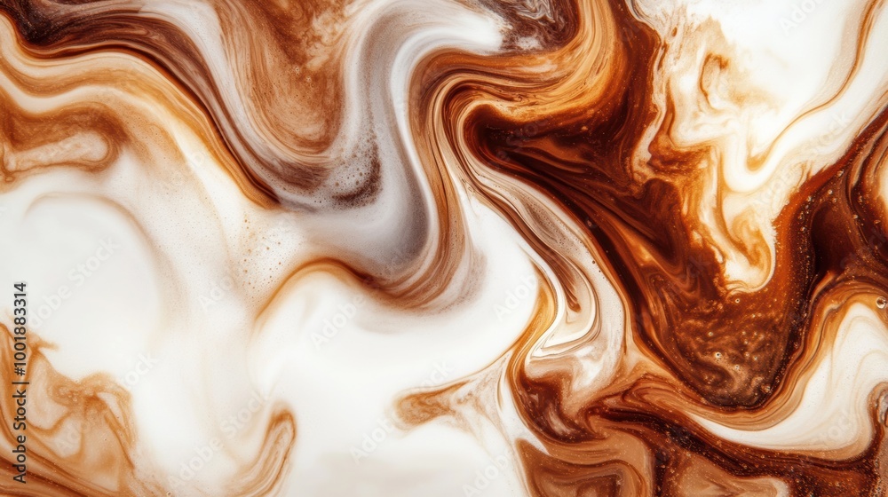 Poster swirling coffee blends with milk in an abstract pattern creating rich textures and colors in a warm 
