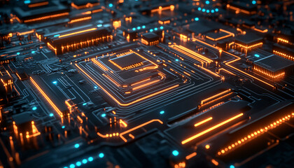 Obraz premium A close-up of a futuristic circuit board with glowing lines and components, evoking high-tech and digital precision