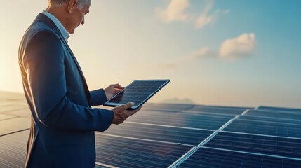 Businessman Inspecting Solar Panels with Tablet