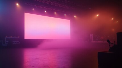 A group of musicians is warming up on stage, surrounded by a grand LED screen and cascading laser lights creating a captivating atmosphere filled with fog