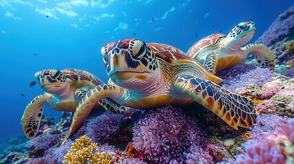 Obraz premium Colorful Sea Turtles Swimming in Vibrant Coral Reef