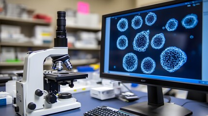 A laboratory setup featuring a microscope connected to a computer, showing detailed imagery of genetically engineered bacteria on a large digital monitor 