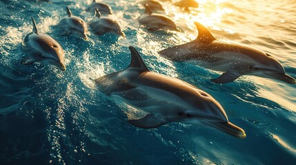 Playful Dolphins Swimming in Sunlit Ocean Waters