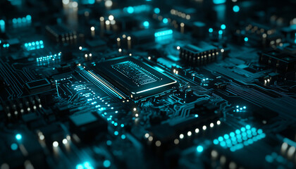 Obraz premium A close-up of a futuristic circuit board with glowing lines and components, evoking high-tech and digital precision