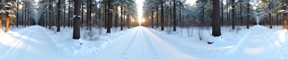 Fototapeta premium 360 degree, snow covered path through forest with trees draped in snow. HDRI spherical panorama.