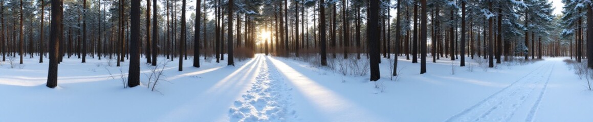 Naklejka premium 360 degree, snow covered path through forest with trees draped in snow. HDRI spherical panorama.