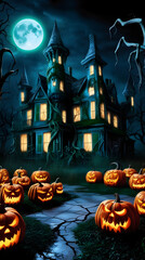 Fototapeta premium Spooky Halloween Scene with Creepy Pumpkins, Haunted Mansion, and Full Moon, Perfect for Horror-Themed Backgrounds, Scary Events, or Halloween Party Invitations
