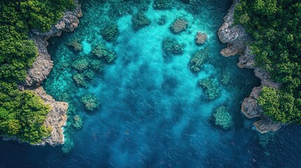 Aerial View of Turquoise Water and Rocky Shoreline