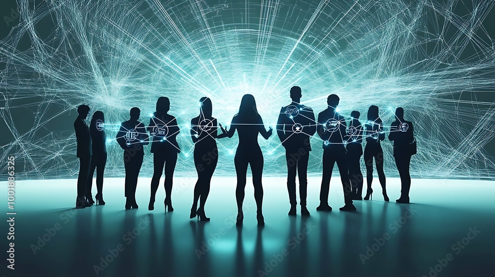 Poster silhouettes of people standing in front of a glowing sphere of interconnected data.
