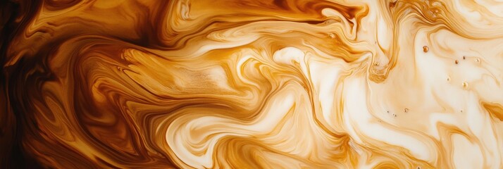 Swirling coffee blends beautifully with milk creating an abstract pattern in a warm-toned background. Generative AI