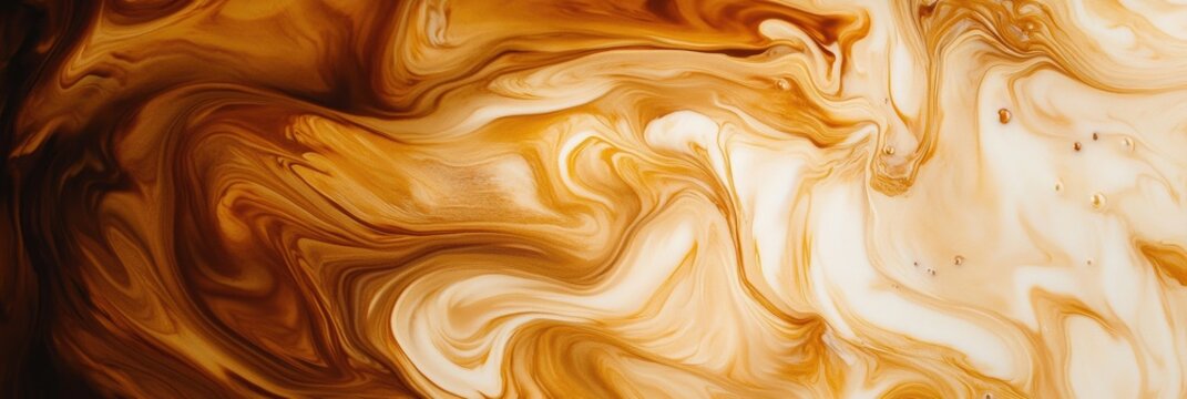 Swirling coffee blends beautifully with milk creating an abstract pattern in a warm-toned background. Generative AI