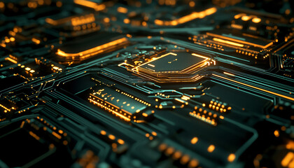 Obraz premium A close-up of a futuristic circuit board with glowing lines and components, evoking high-tech and digital precision