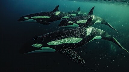Fototapeta premium Group of Orcas Swimming in Dark Ocean Waters