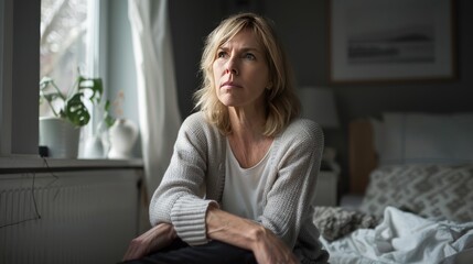 Obraz premium Depressed mature woman sitting in bedroom
