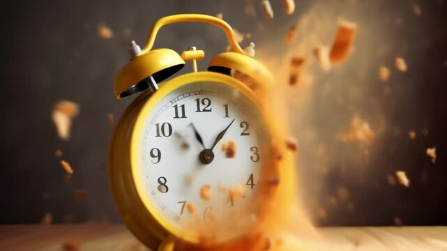 Yellow alarm clock is covered in orange powder exploding around it. The clock is on a wooden table with a dark background